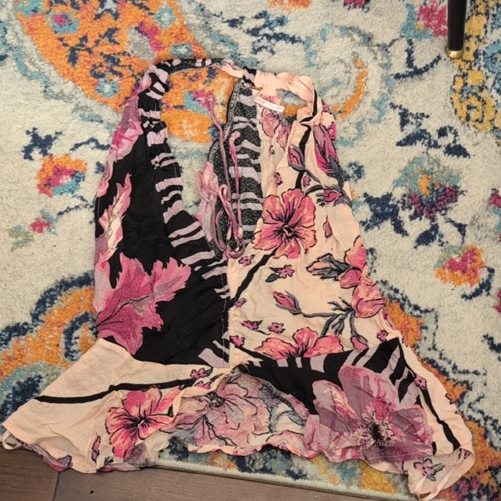 Free People Pink and Black Floral Halter Top